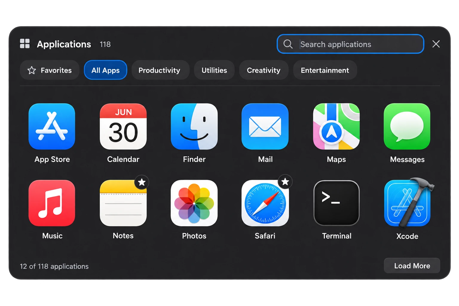An illustrative native app gallery with twelve recognizable apps, category filters, search, and favorites.