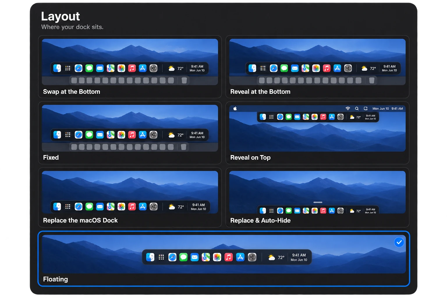 Seven Radical Dock layout modes shown with desktop previews: Swap at the Bottom, Reveal at the Bottom, Fixed, Reveal on Top, Replace the macOS Dock, Replace and Auto-Hide, and Floating.