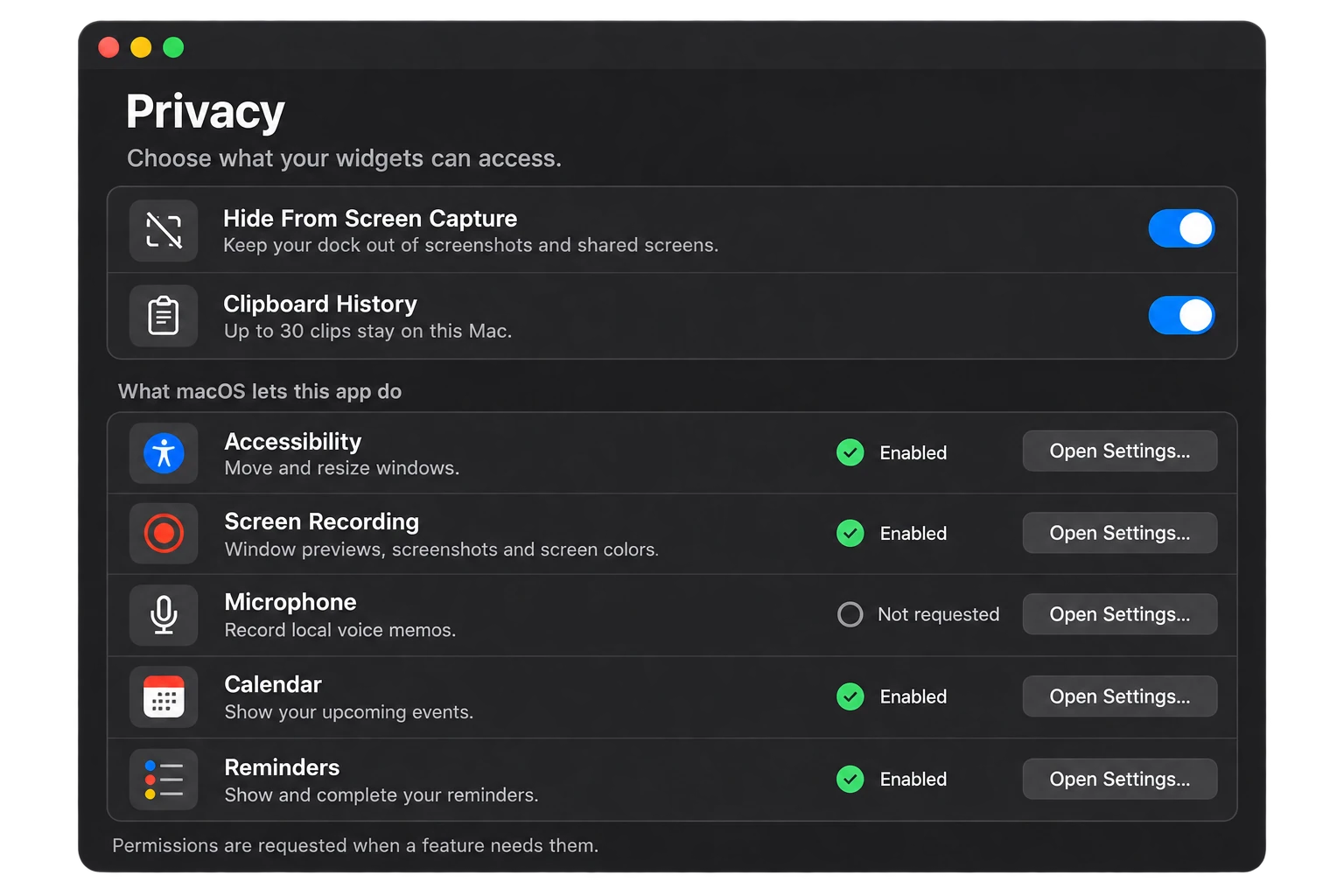 Illustrative privacy preferences and five permission rows explaining Accessibility, Screen Recording, Microphone, Calendar, and Reminders access.