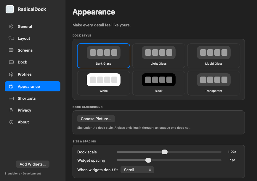 RadicalDock's Appearance settings, showing the six dock styles