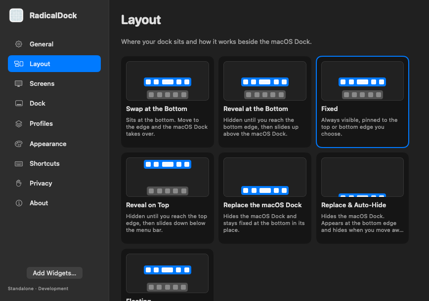 RadicalDock's Layout settings